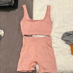 Pink Ribbed Crop Top and Shorts Set